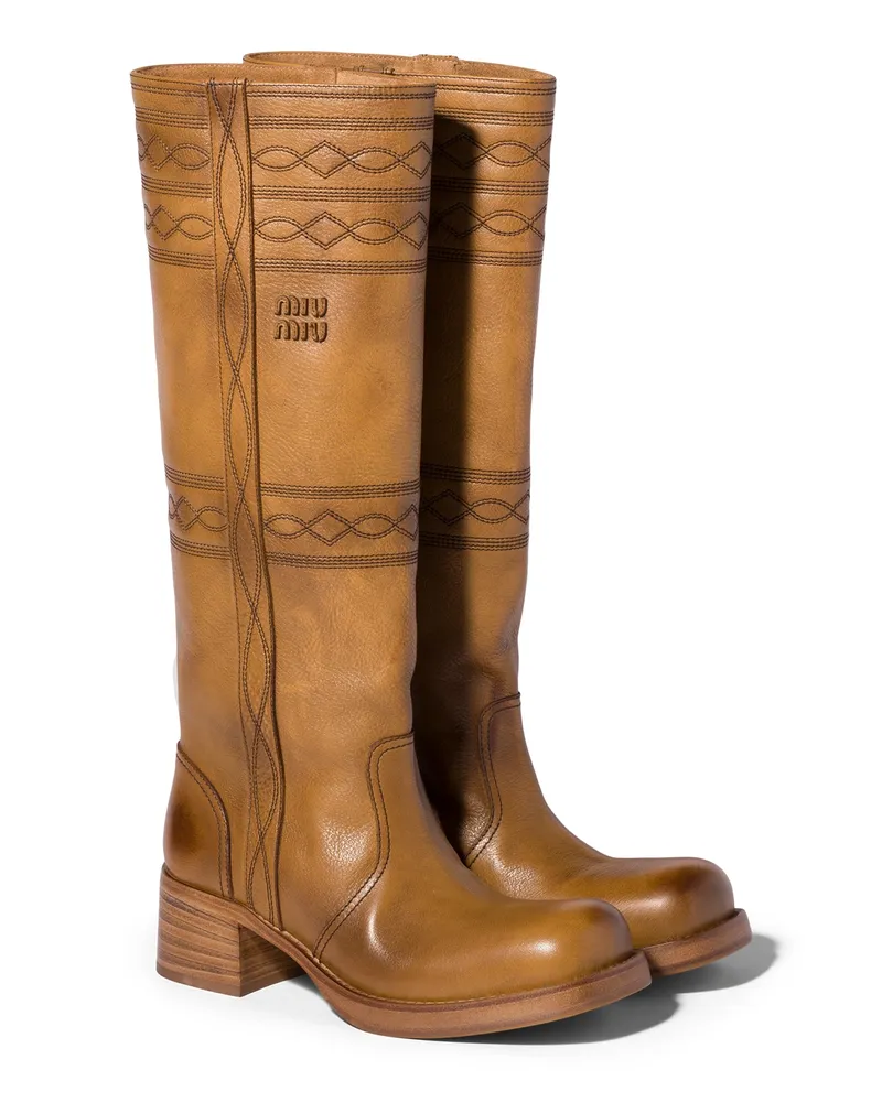 Miu Miu Bestickte Stiefel Aus Leder, Damen, Hellbraun, Größe Hellbraun