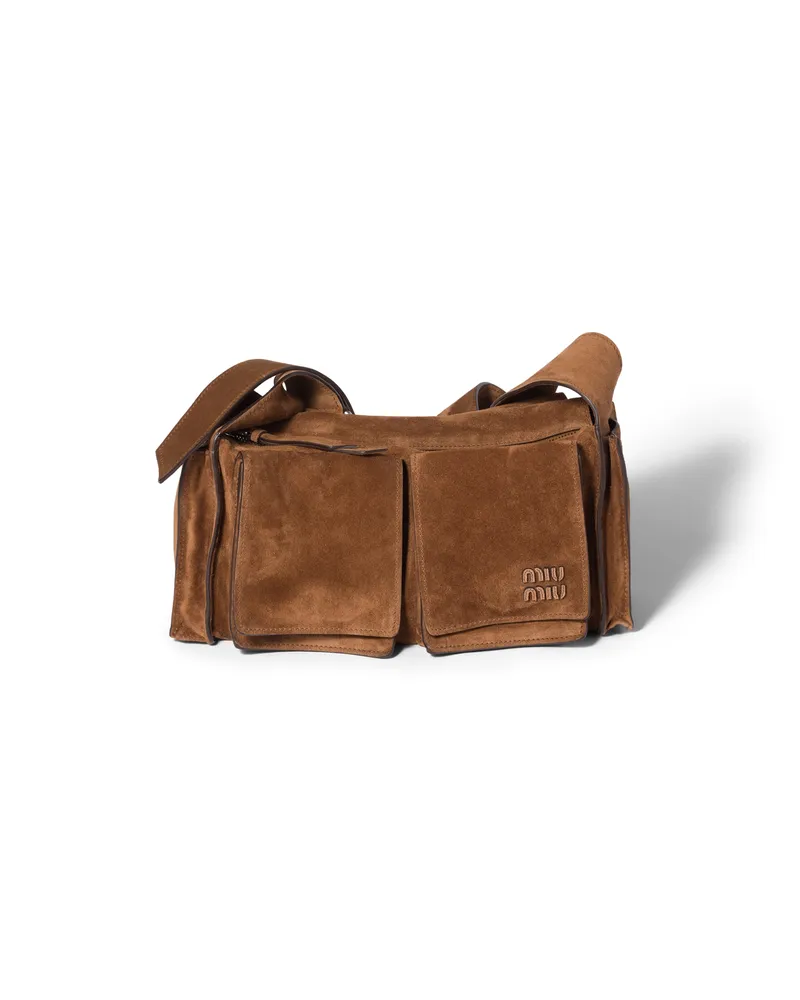 Miu Miu Schultertasche Aus Veloursleder Im Utilitaire-stil , Damen, Kakaobraun Kakaobraun