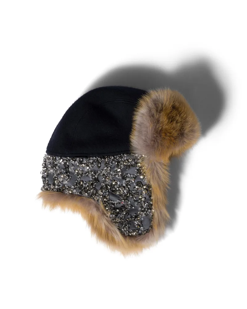 Miu Miu Bestickte Mütze Aus Wolle Und Lammfell, Damen, Blau/karamell/eisen, Größe Blau