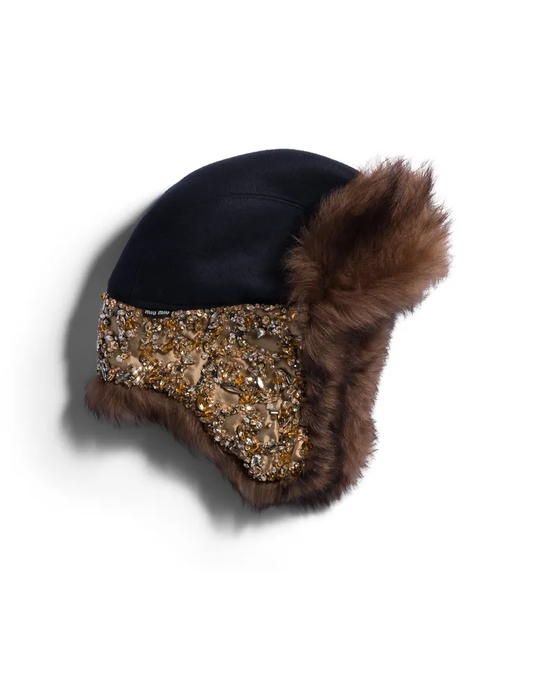 Miu Miu Bestickte Mütze Aus Wolle Und Lammfell, Damen, Blau/mahagoni/honig, Größe Blau
