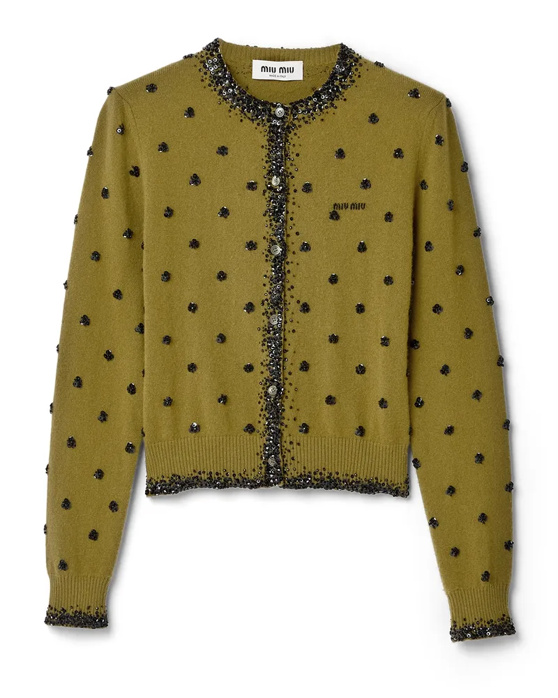 Miu Miu Strickjacke Aus Besticktem Kaschmir, Damen, Farngrün, Größe Farngrün