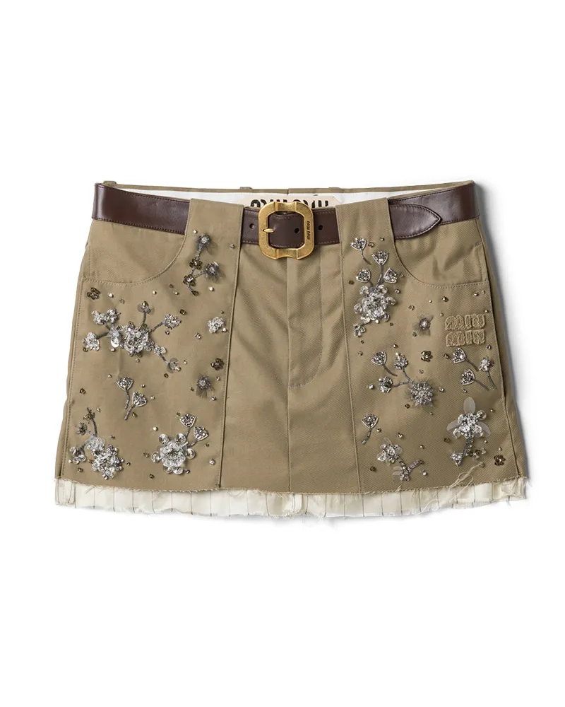Miu Miu Bestickter Minirock Aus Chino , Damen, Khaki, Größe Khaki
