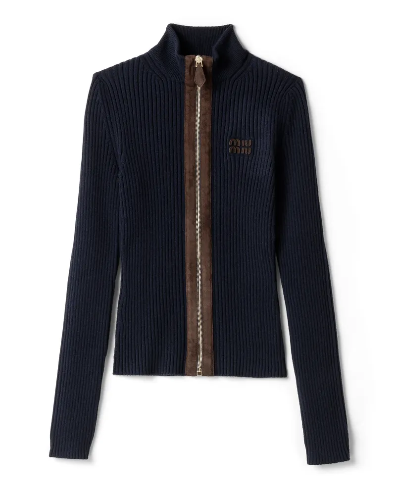 Miu Miu Strickjacke Mit Reißverschluss Aus Kaschmir Und Leder, Damen, Blau, Größe Blau