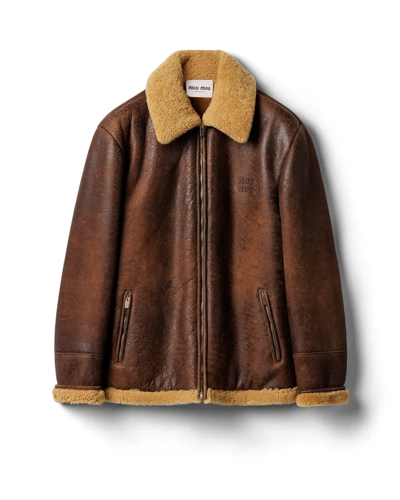 Miu Miu Blousonjacke Aus Gewachstem Lammfell, Damen, Dunkelbraun, Größe Dunkelbraun