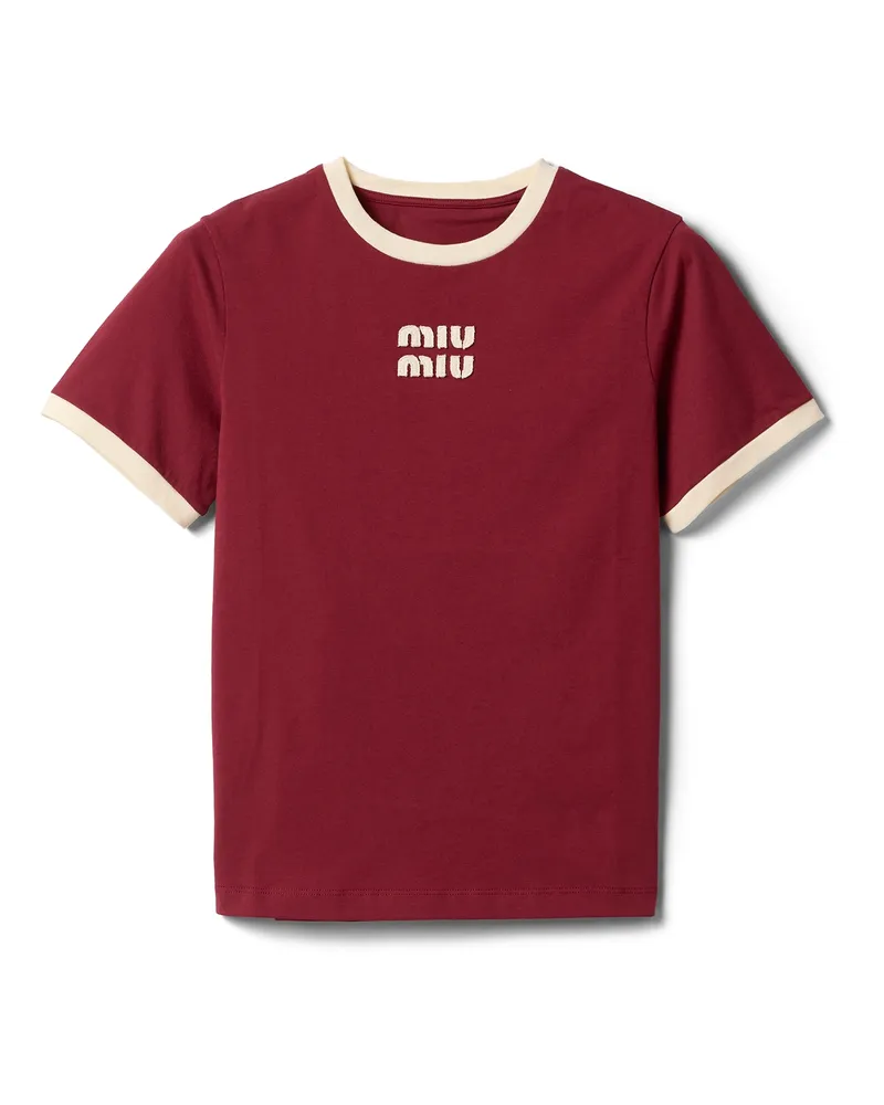 Miu Miu T-shirt Aus Baumwolljersey, Damen, Amaranth/kalkweiß, Größe Amaranth