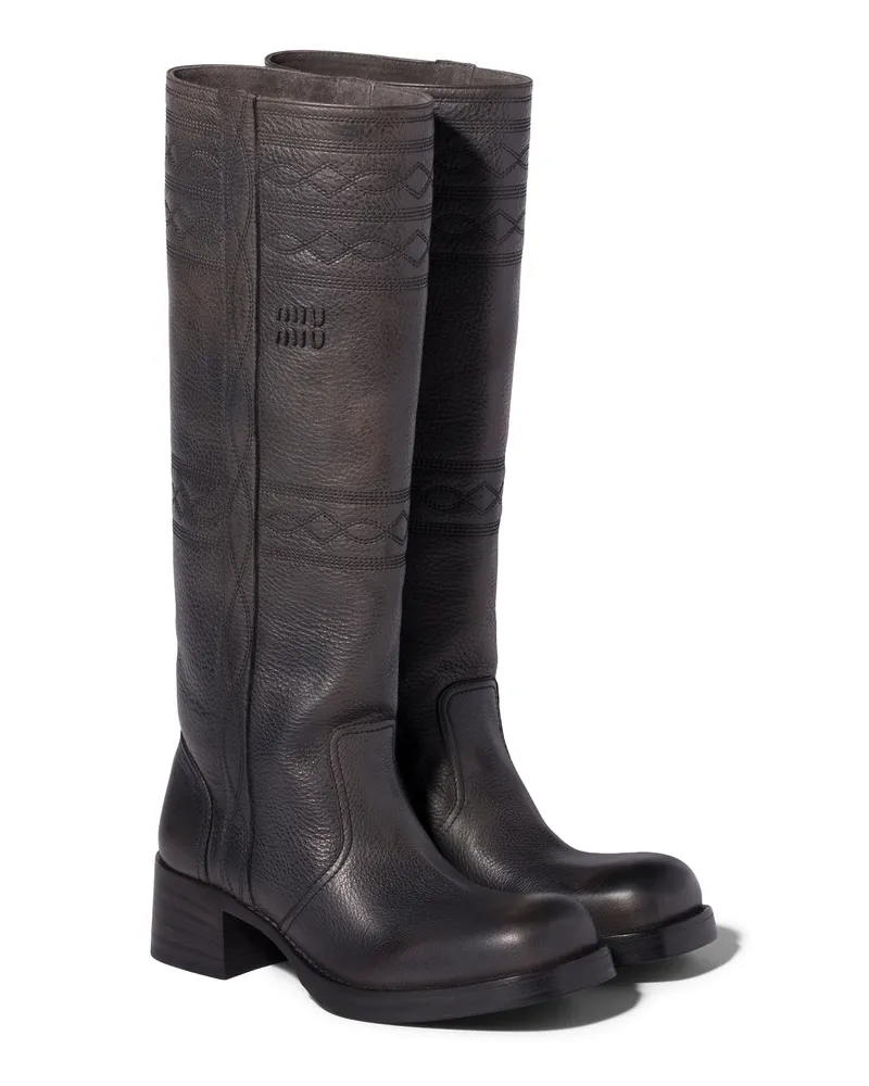 Miu Miu Bestickte Stiefel Aus Leder, Damen, Anthrazitgrau, Größe Anthrazitgrau
