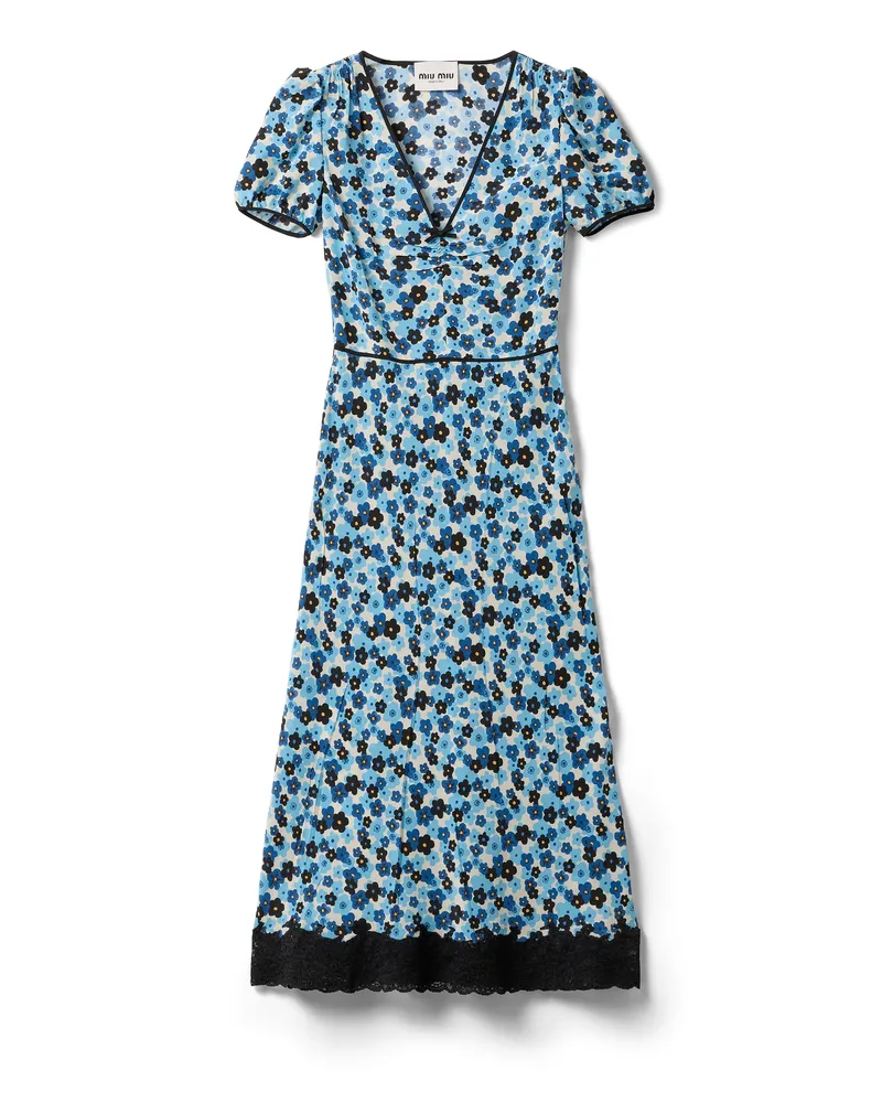Miu Miu Kleid Aus Aus Crêpe De Chine , Damen, Elfenbein/hellblau, Größe Elfenbein