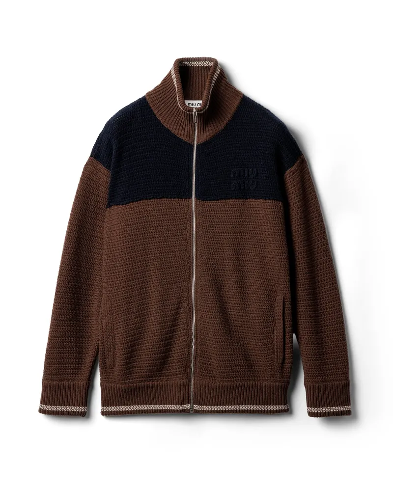 Miu Miu Strickjacke Aus Kaschmir Mit Reißverschluss , Damen, Kakaobraun/blau, Größe Kakaobraun
