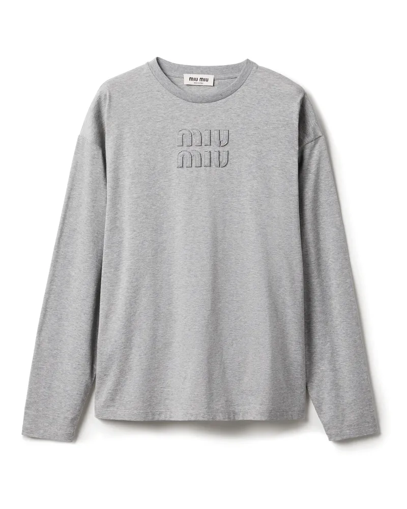 Miu Miu T-shirt Aus Baumwolle Mit Sticklogo, Damen, Grau, Größe Grau