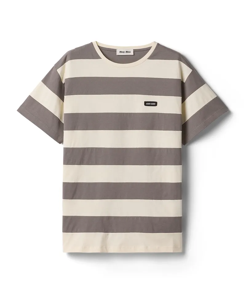 Miu Miu Gestreiftes T-shirt Aus Jersey, Damen, Kreide/eisen, Größe Kreide
