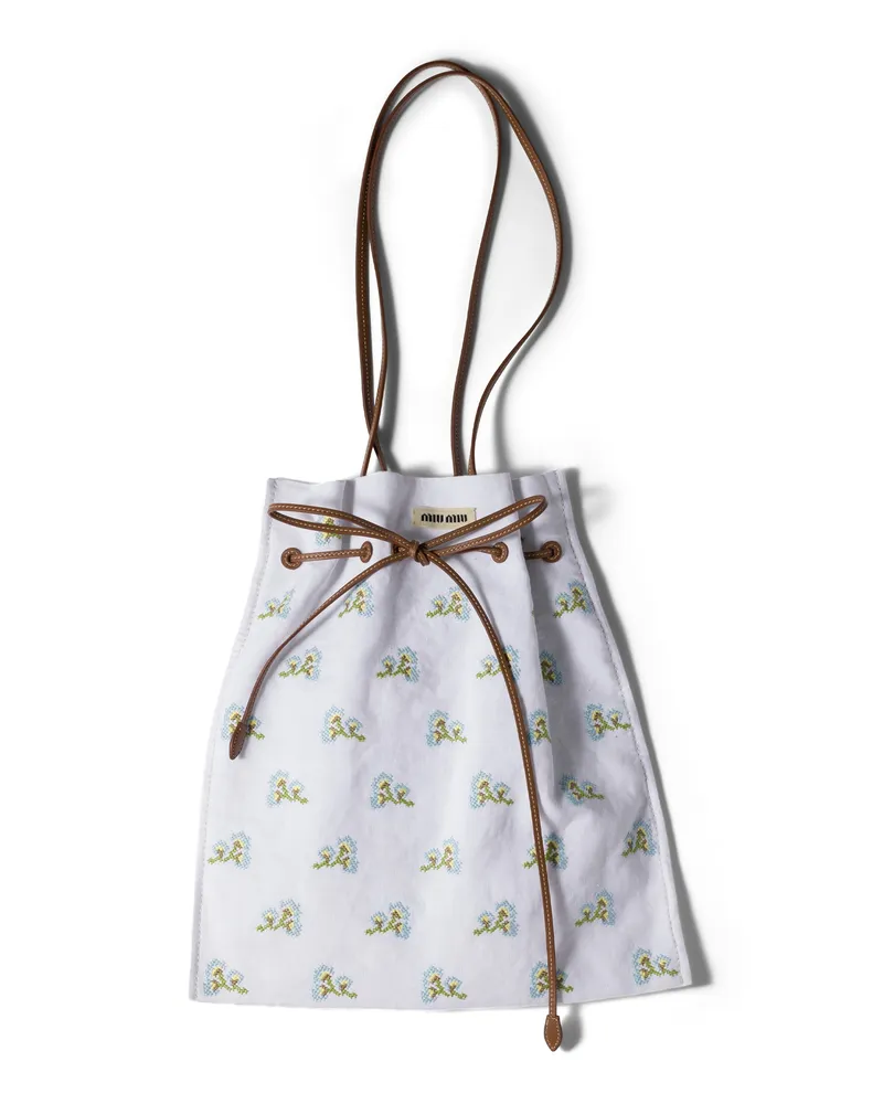 Miu Miu Bestickte Tote Bag Aus Leinen, Damen, Weiß/hellblau Weiß