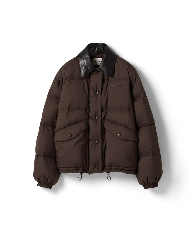 Miu Miu Kurze Daunenjacke Aus Technischem Pongé, Damen, Ebenholz, Größe Ebenholz