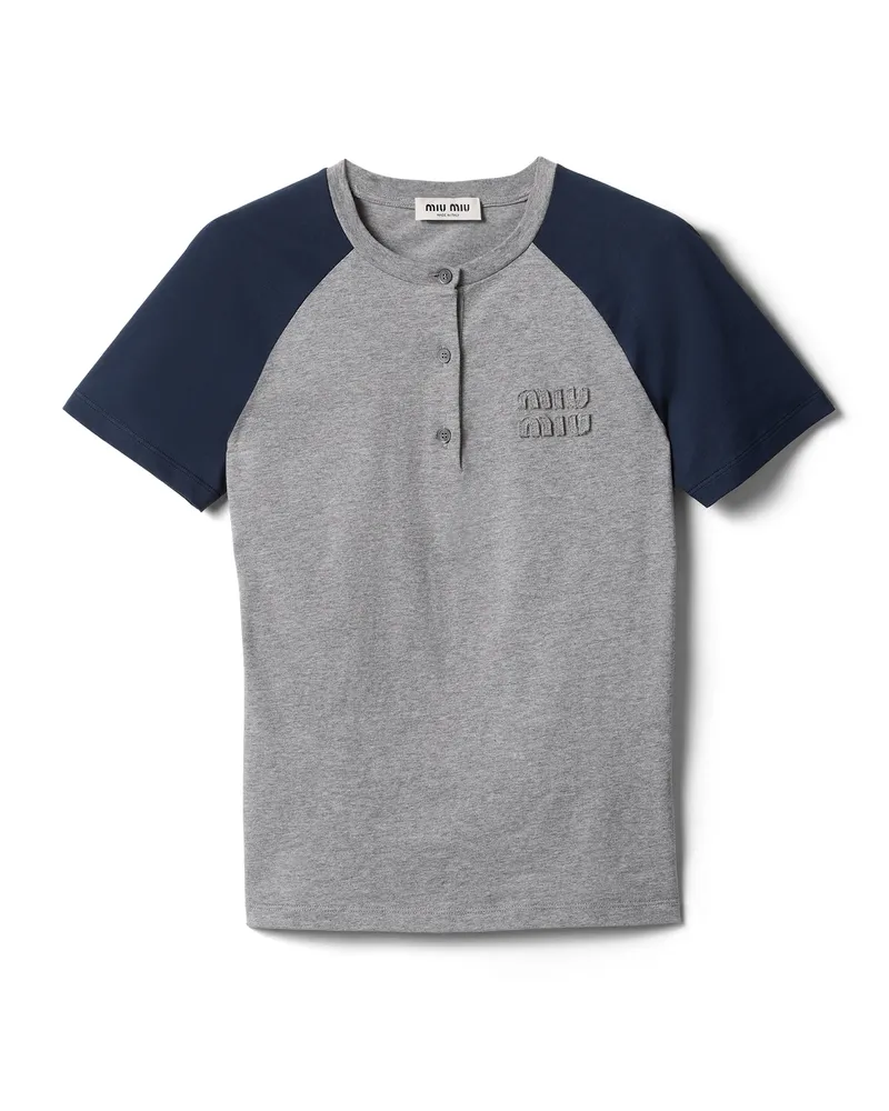 Miu Miu Henleyshirt Aus Baumwoll-jersey, Damen, Grau+blau, Größe Grau+blau