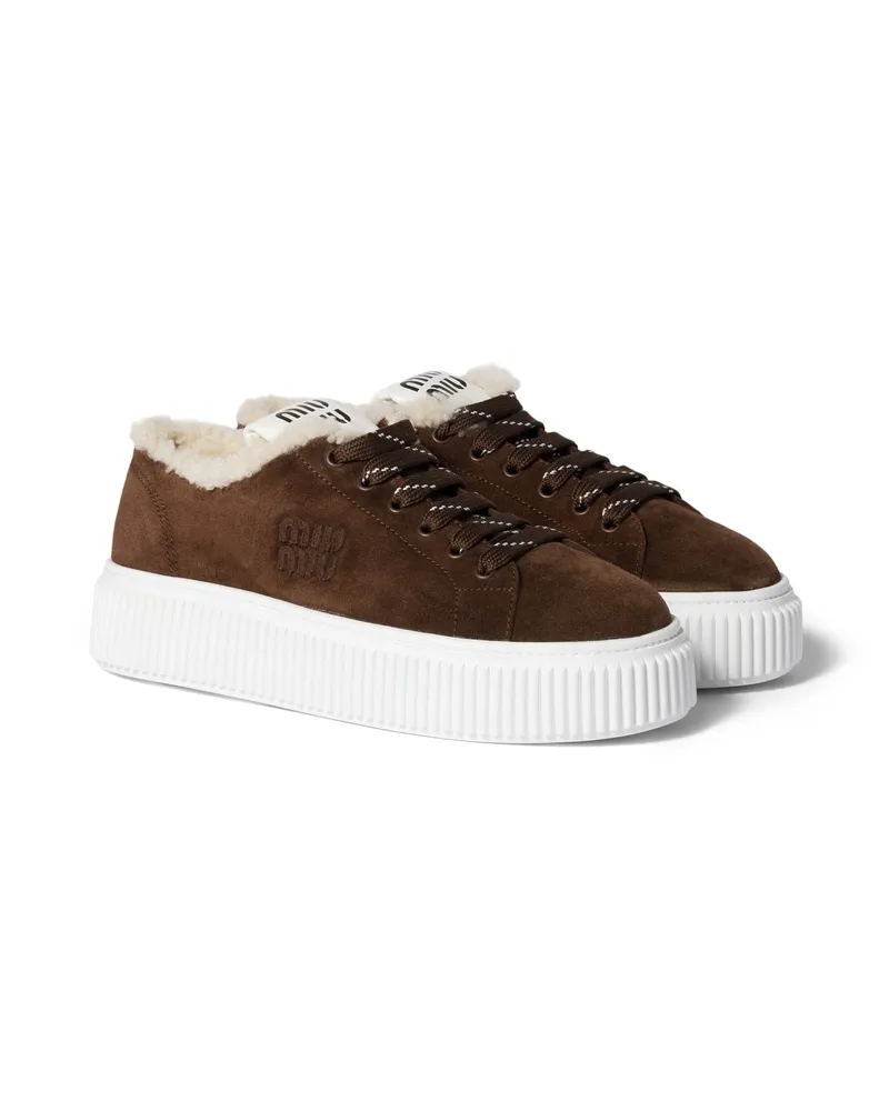 Miu Miu Sneaker Aus Wildleder Und Lammfell, Damen, Dunkelbraun, Größe Dunkelbraun
