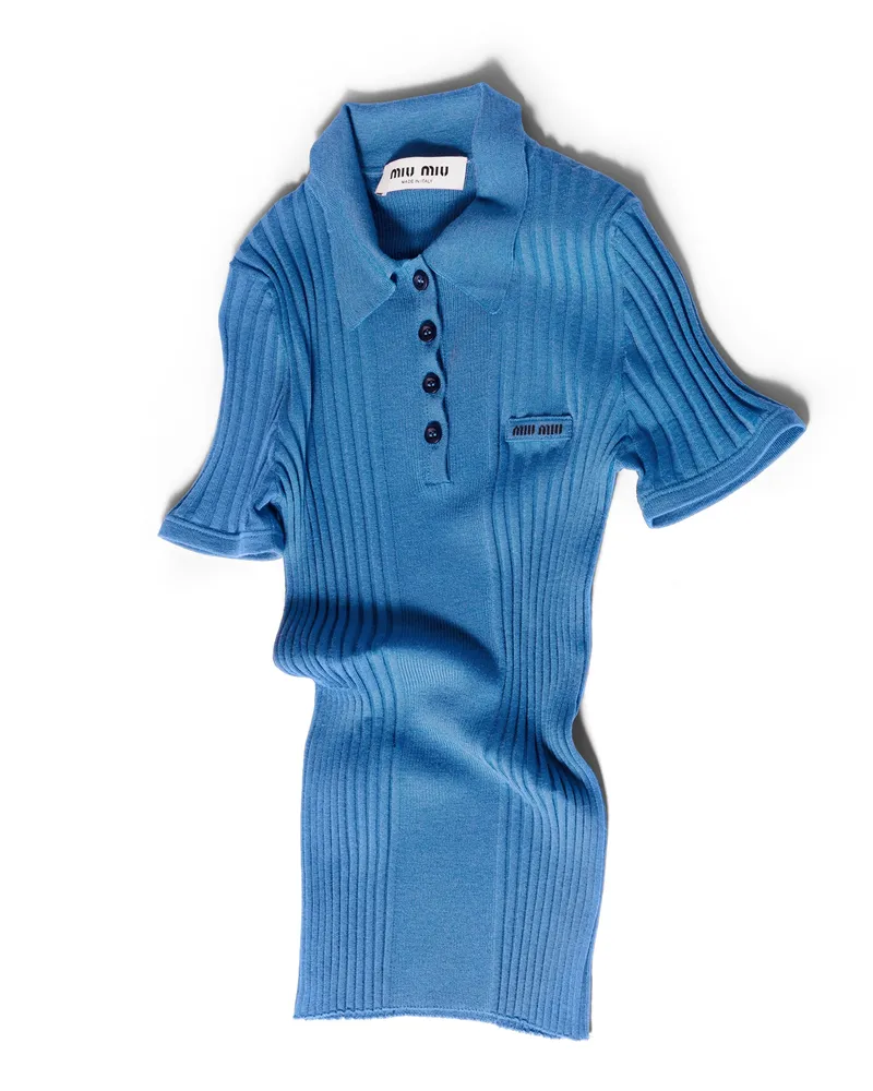 Miu Miu Poloshirt Aus Gerippter Wolle, Damen, Fliegerblau, Größe Fliegerblau