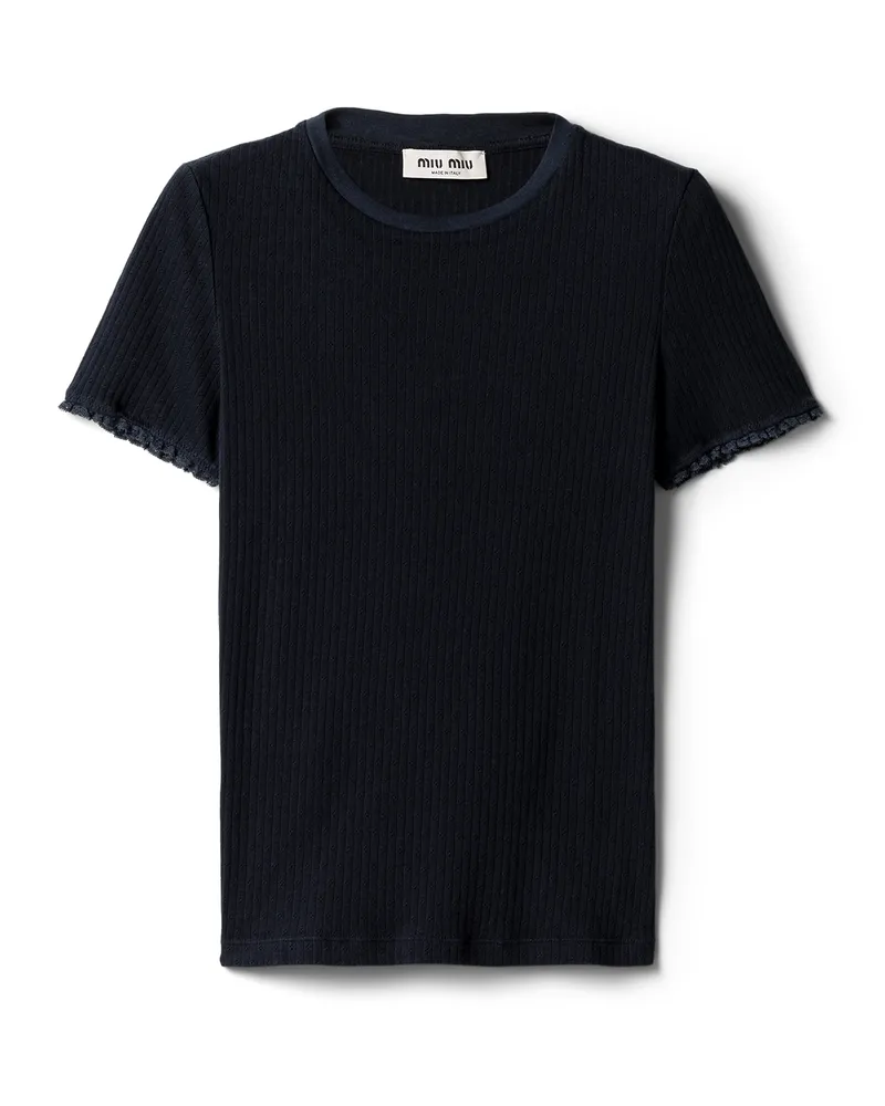 Miu Miu T-shirt Aus Pointelle-baumwolle, Damen, Blau, Größe Blau