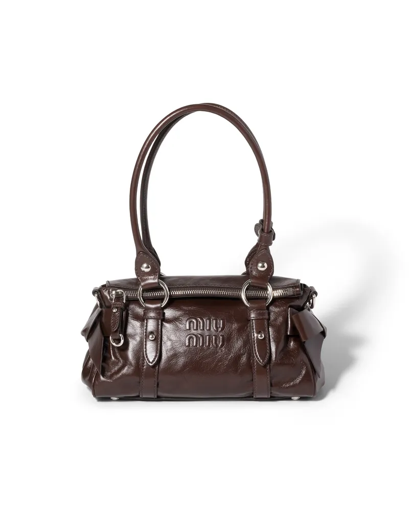Miu Miu Handtasche Aus Glänzendem Leder, Damen, Dunkelbraun Dunkelbraun