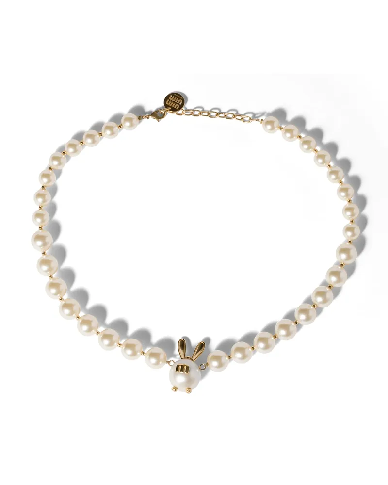 Miu Miu Halskette Aus Metall Mit Perlen, Damen, Gold/cremeweiss Gold
