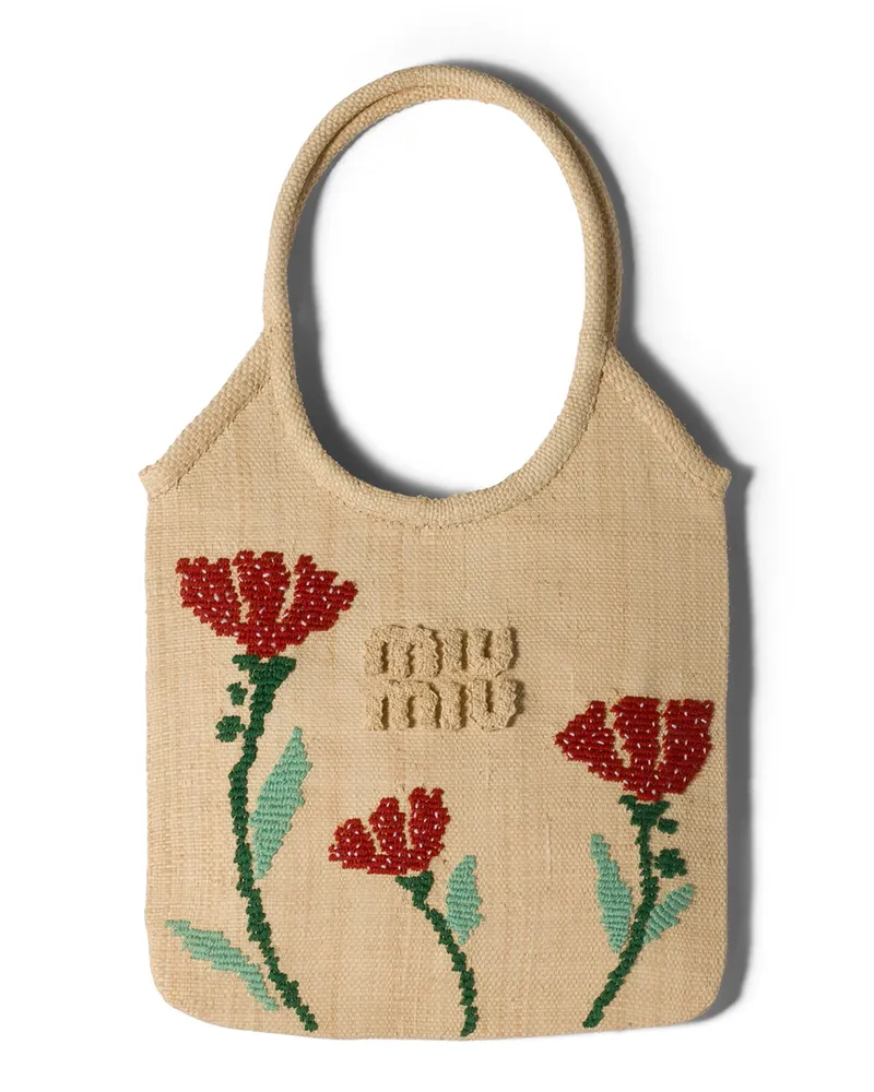Miu Miu Ivy Handtasche Aus Raphiabast, Damen, Hellbraun/rot Hellbraun