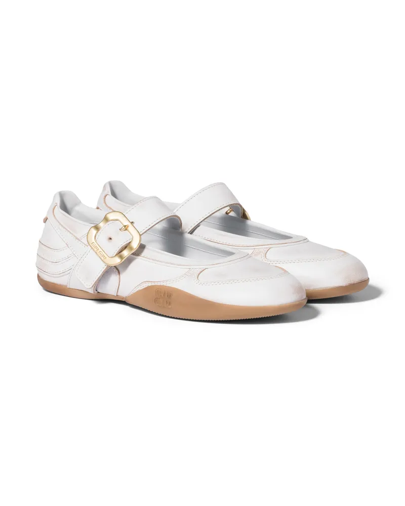 Miu Miu Gymnasium Ballerinas Aus Leder Mit Riemen Und Schnalle, Damen, Weiss, Größe Weiss