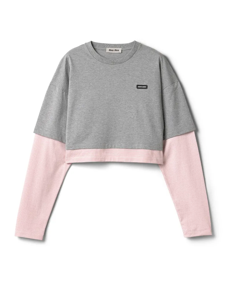 Miu Miu T-shirt Aus Baumwoll-jersey, Damen, Grau/begonienrosa, Größe Grau
