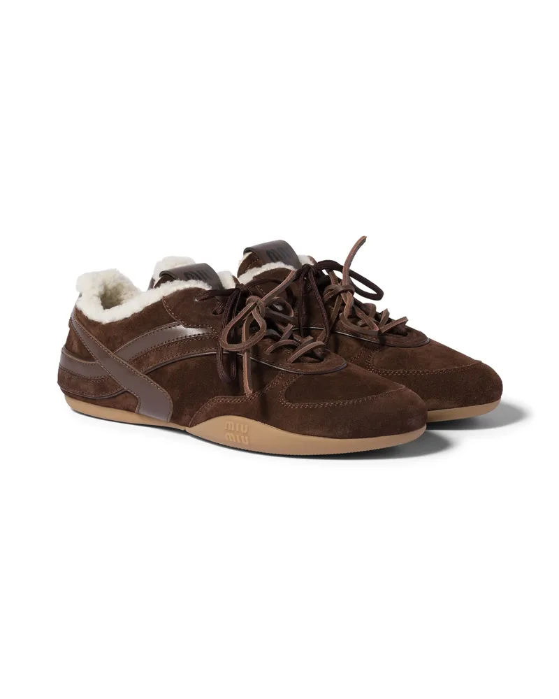 Miu Miu Gymnasium Sneaker Aus Wildleder Und Lammfell, Damen, Dunkelbraun, Größe Dunkelbraun