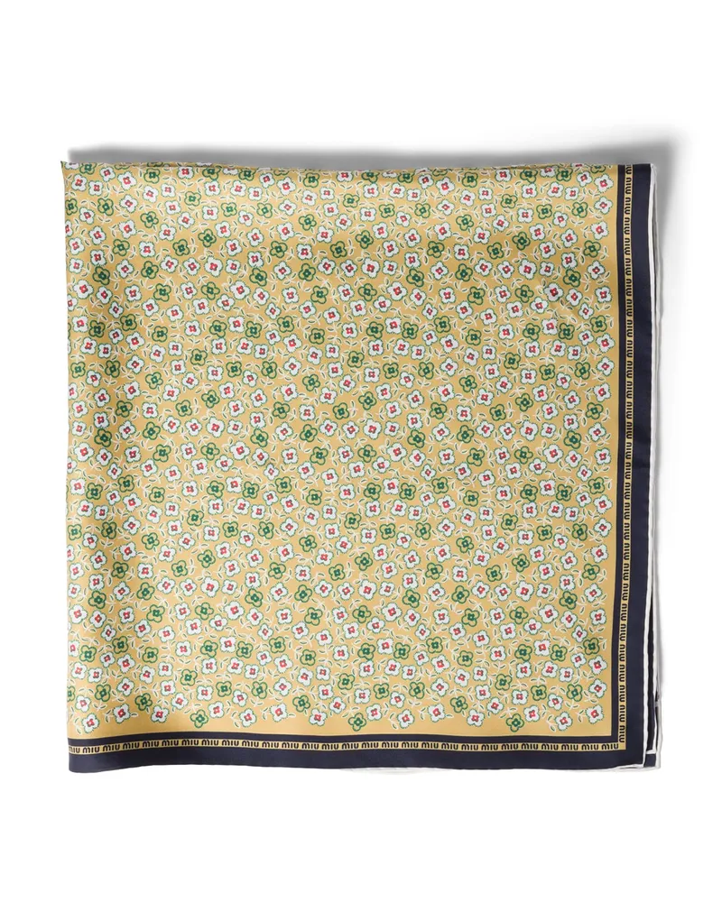 Miu Miu Schal Aus Bedrucktem Twill, Damen, Senf/weiß Senf
