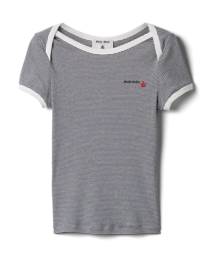 Miu Miu Petit Bateau X  T-shirt Aus Geripptem Jersey, Damen, Weiss/blau, Größe Weiss