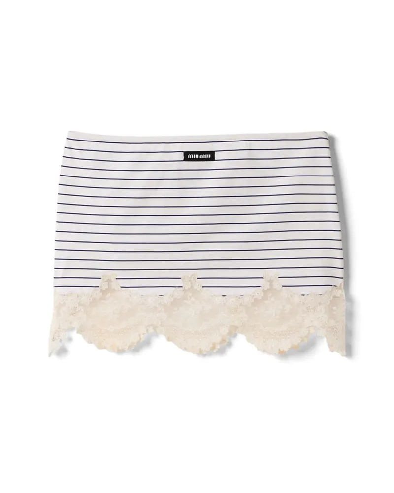 Miu Miu Minirock Aus Gestreiftem Jersey Mit Besatz Aus Spitze, Damen, Weiss/blau, Größe Weiss