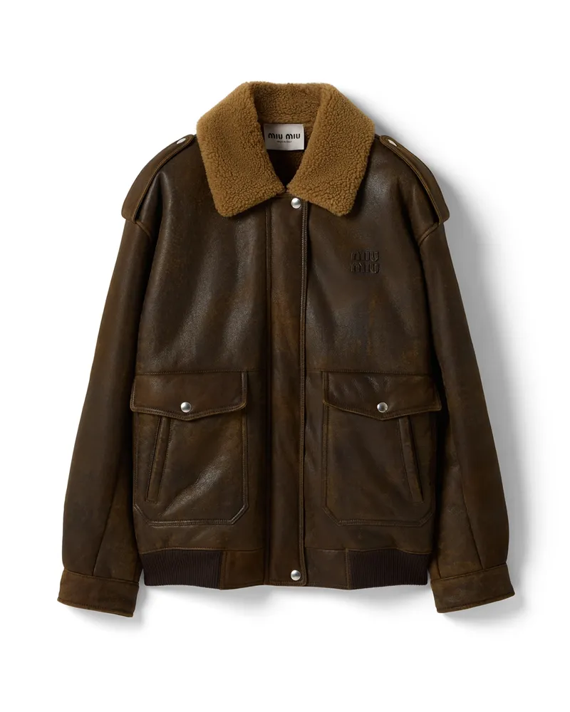 Miu Miu Blousonjacke Aus Lammfell , Damen, Dunkelbraun, Größe Dunkelbraun