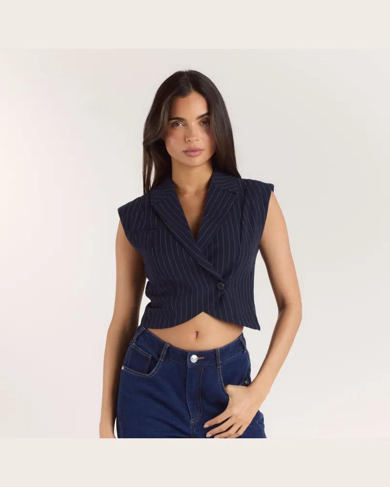 Lounge Gekreuzte Weste - Marineblauer Nadelstreifen Blue