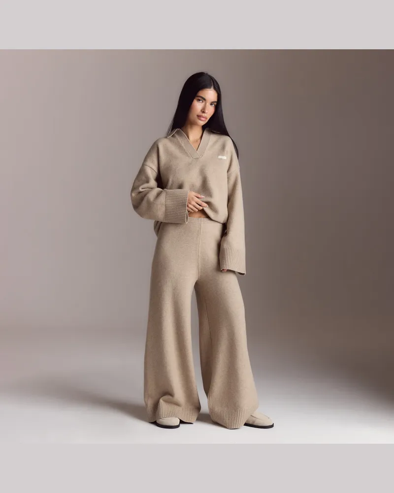 Lounge Strick-Jogginghose mit geripptem Saum - Hellbraun Regular Cream