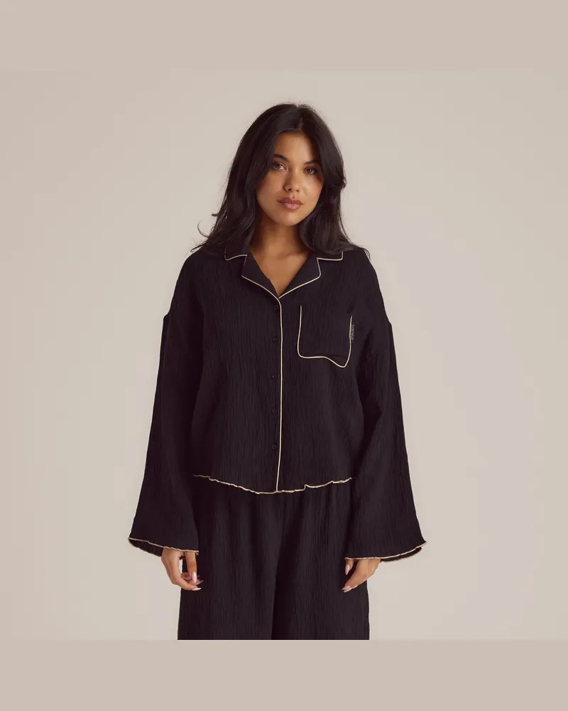 Lounge Crinkle Pyjamahemd - Schwarz Black