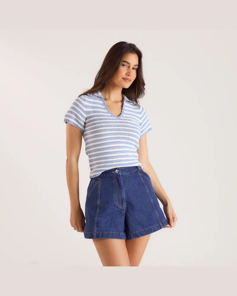 Lounge Häkel-Poloshirt - Blauer Streifen Blue