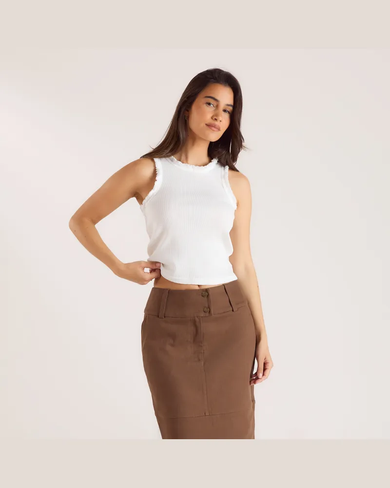 Lounge Geripptes Tanktop mit Fransen - Weiß White