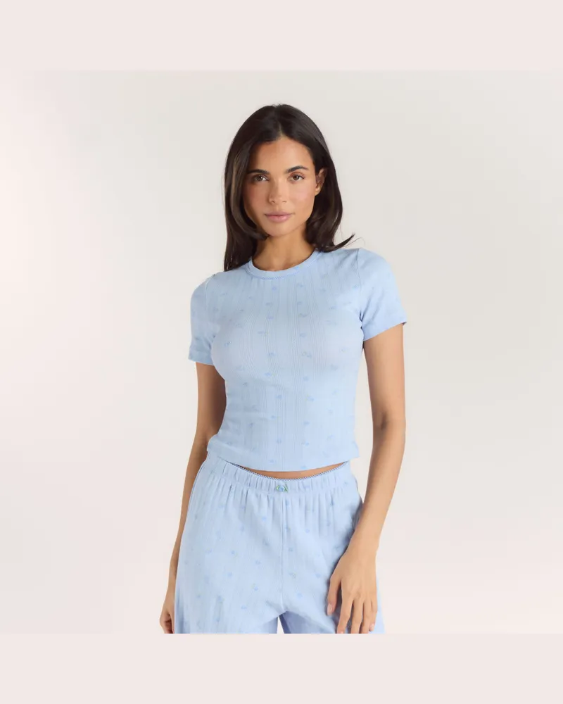 Lounge Pointelle Pyjama-Top - Florales Blau - XXL Blue