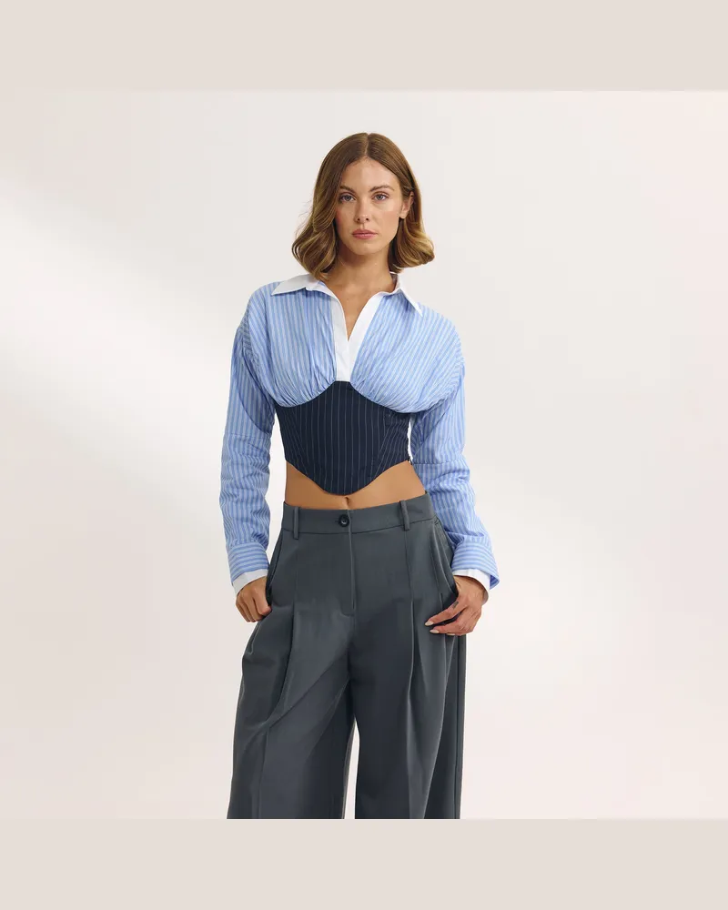 Lounge Long-Sleeved Corset Shirt - Blue - 34 Blue