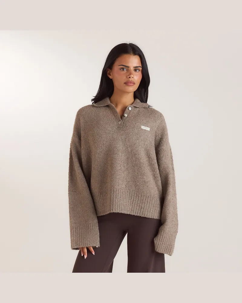 Lounge Bouclé-Strickpullover mit Polokragen - Taupe Brown