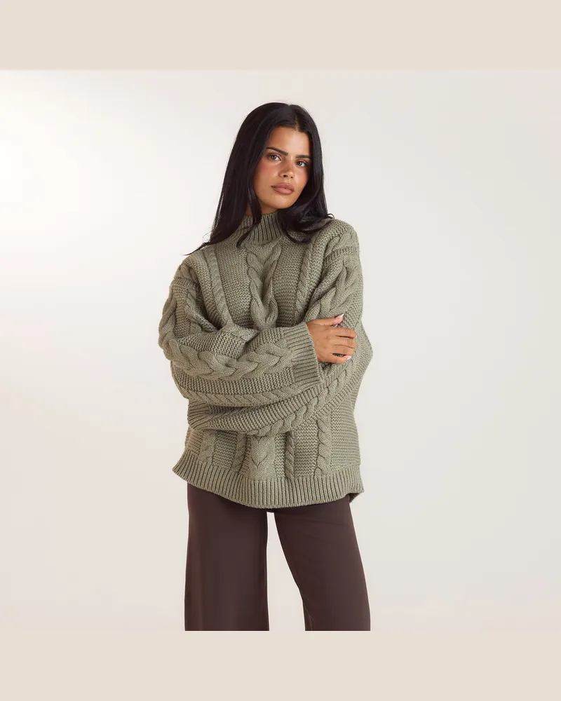 Lounge Oversized-Strickpullover mit Zopfmuster - Olivgrün Green