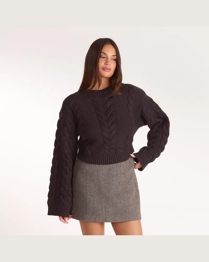 Lounge Kurzer Zopfstrickpullover - Dunkle Schokolade Brown