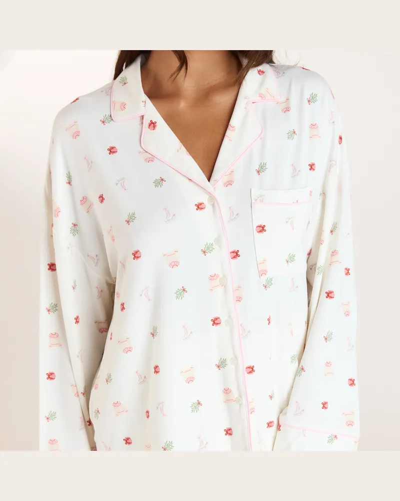 Lounge Christmas Cottage Pyjamaoberteil aus Modal - Cremefarbenes Muster Cream