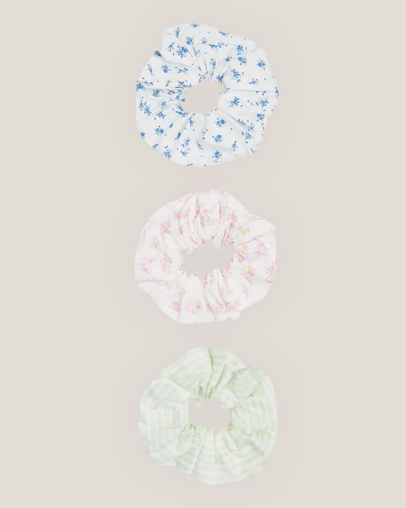 Lounge Bloom  Stripe Scrunchies (3-Pack) - Sage/Blue/Pink - One Size Pink