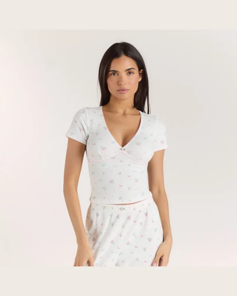 Lounge Gerippter, Kurzärmeliger Pyjama Top - Florales Weiß - XXL White