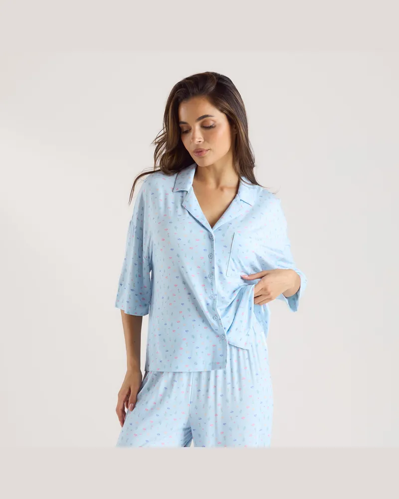 Lounge Modal Pyjama-Shirt mit kurzen Ärmeln - Florales Blau Florales