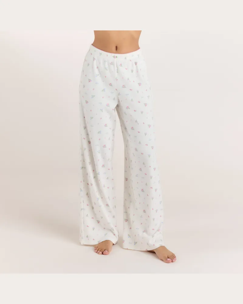 Lounge Gerippte Pyjamahosen - Florales Weiß White