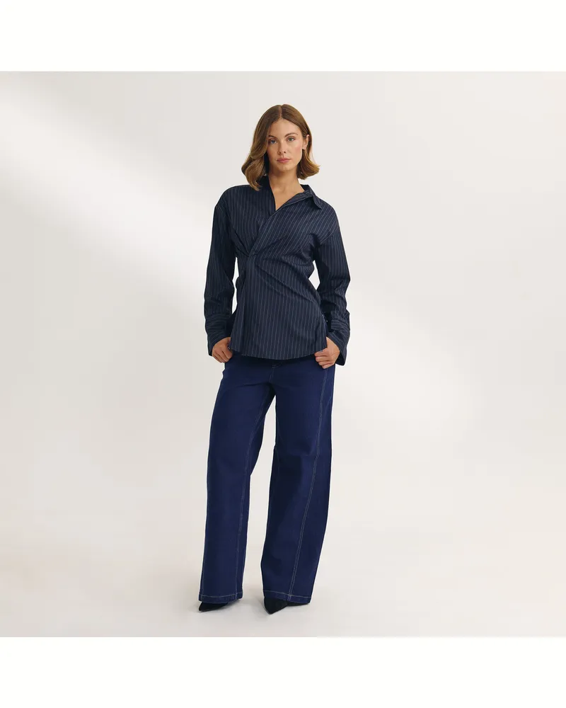 Lounge Asymmetrisches Hemd - Marineblauer Nadelstreifen Navy