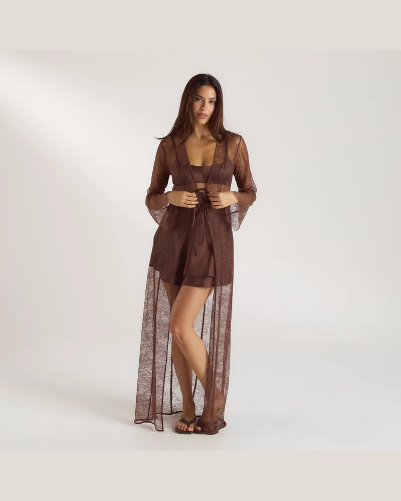 Lounge Mimi Lace Maxi Robe - Chocolate - 8 Cream