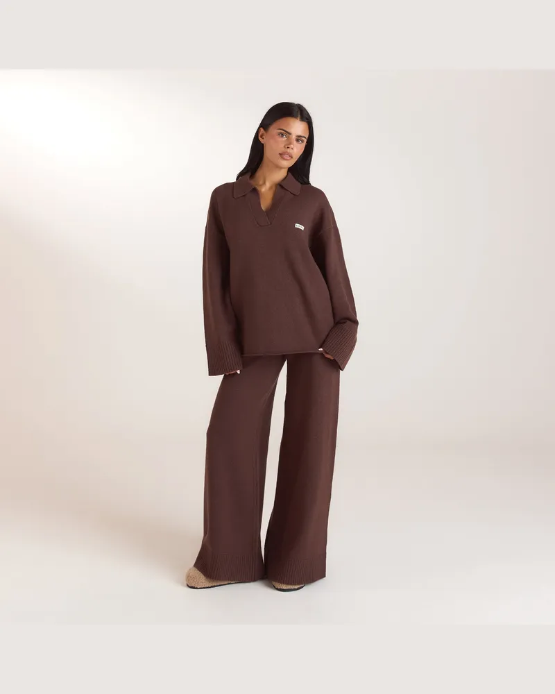Lounge Oversize Strickjacke mit V-Ausschnitt - Schokolade Brown