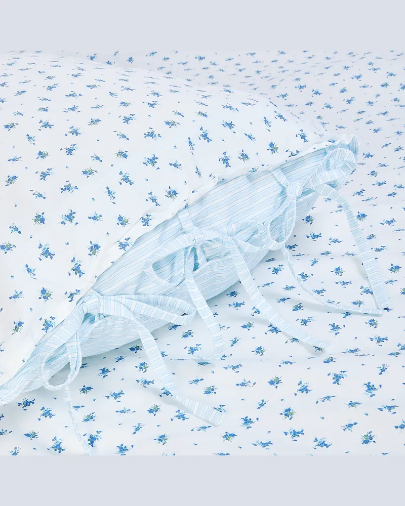Lounge Bloom  Stripe Reversible Pillowcase (2-Pack) - Blue Floral Print - One Size Blue