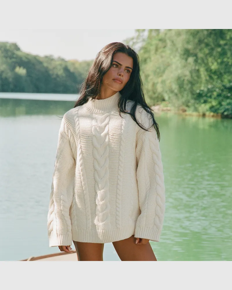 Lounge Oversized-Strickpullover mit Zopfmuster - Crèmefarbe Cream
